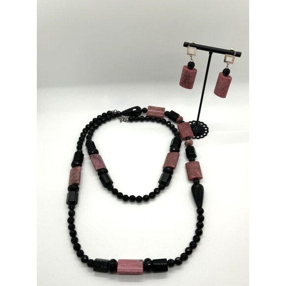 Rose Quartz Onyx Necklace Earrings Sterling Sliver Clasp Natural Stone - Picture 2 of 7
